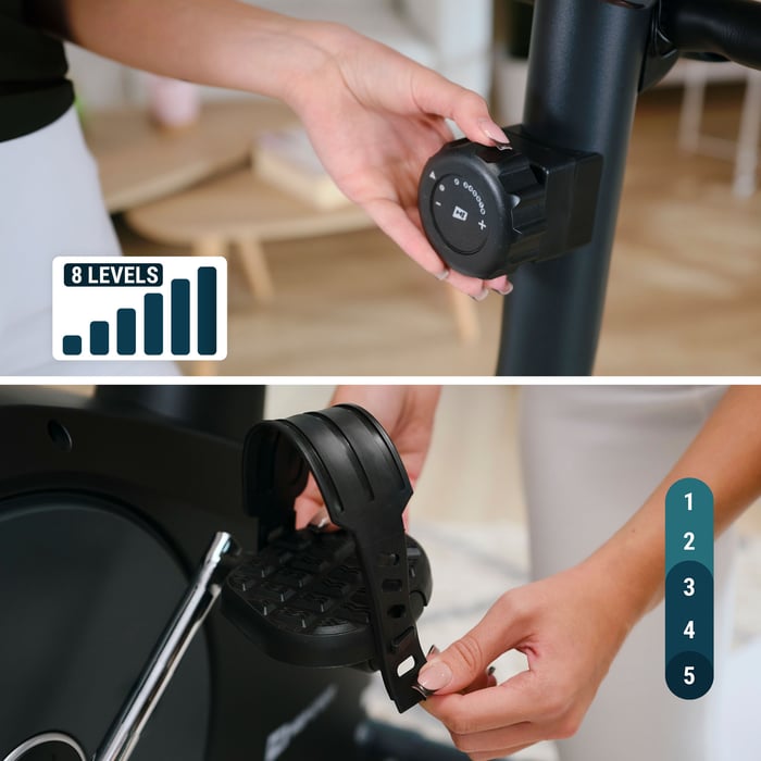 Bicicletta Spark argento dotata di regolazione della resistenza magnetica e regolazione delle cinghie sui pedali