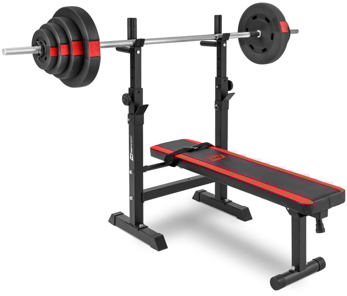 Panca da allenamento HS-1080 con bilanciere su supporti del marchio Hop-sport