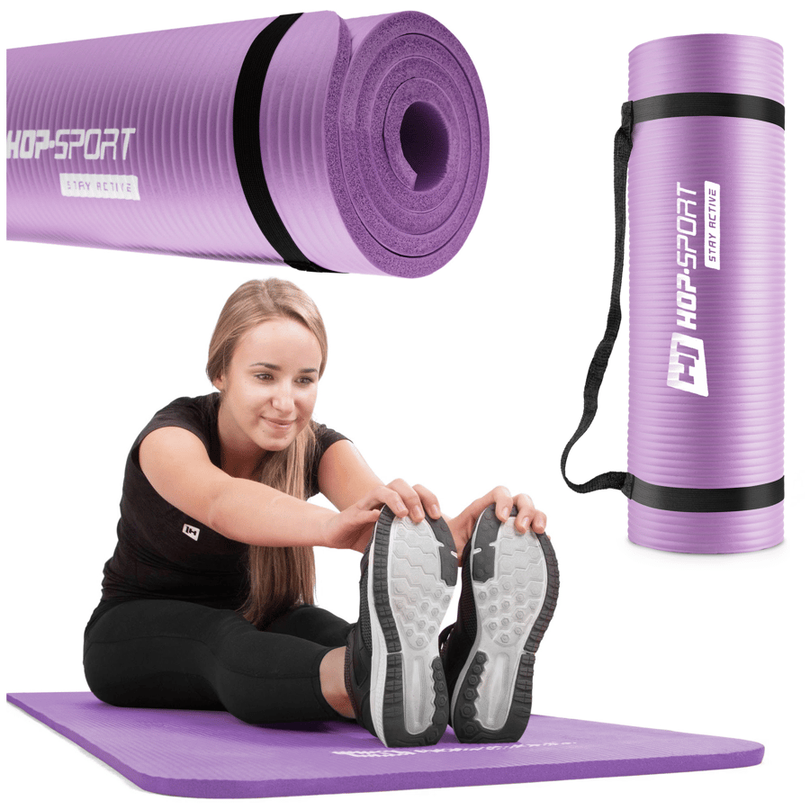 Tappetino fitness NBR 1,5cm viola, antiscivolo. Da pilates, yoga, palestra, con cinghia di trasporto