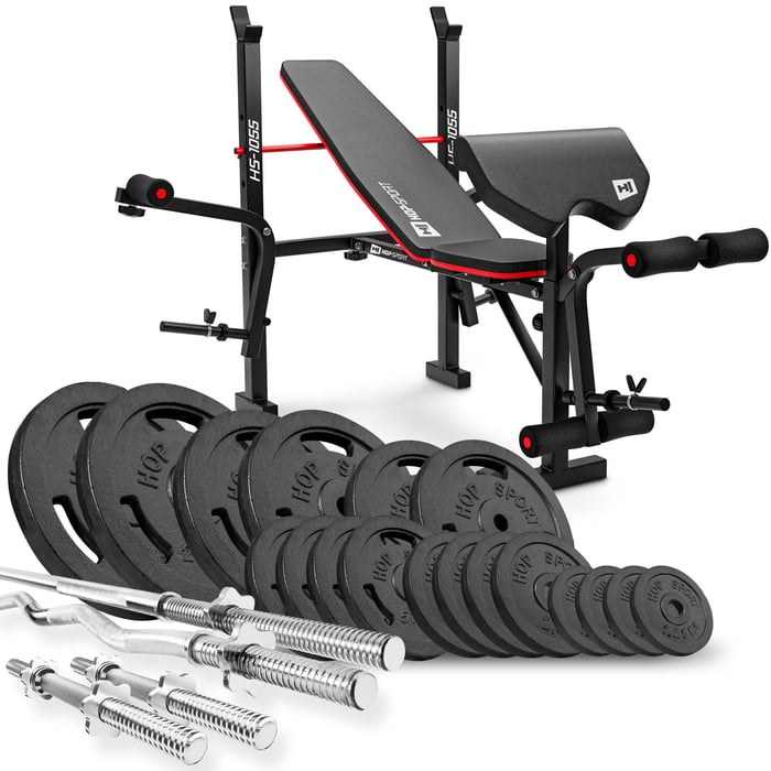 Contenuto del set con pesi in ghisa da 146kg e panca da allenamento HS-1055 del marchio Hop-sport