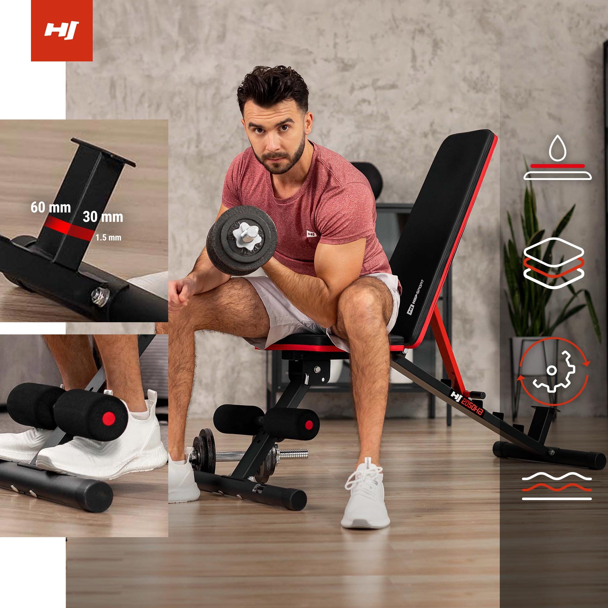 Dettagli della panca regolabile del marchio Hop-Sport, spessa imbottitura, spugne per le gambe e profilo largo