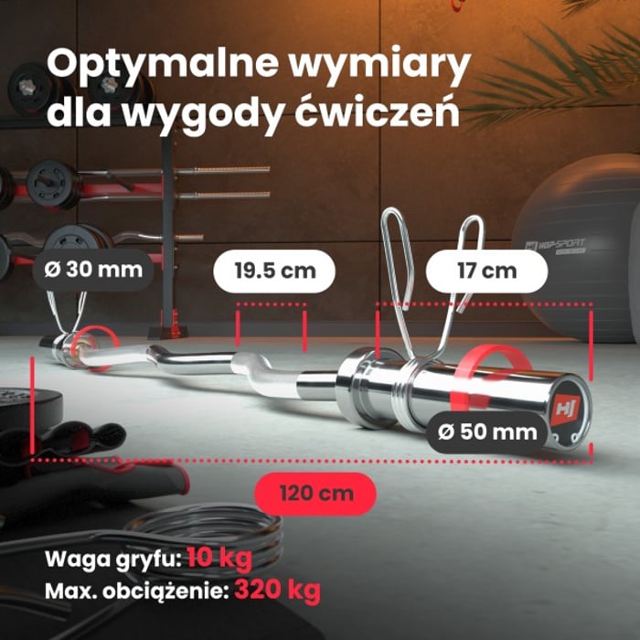Dimensioni del bilanciere olimpico leggermente curvo di 120 cm in acciaio cromato del marchio Hop-sport con diametro di 50 mm