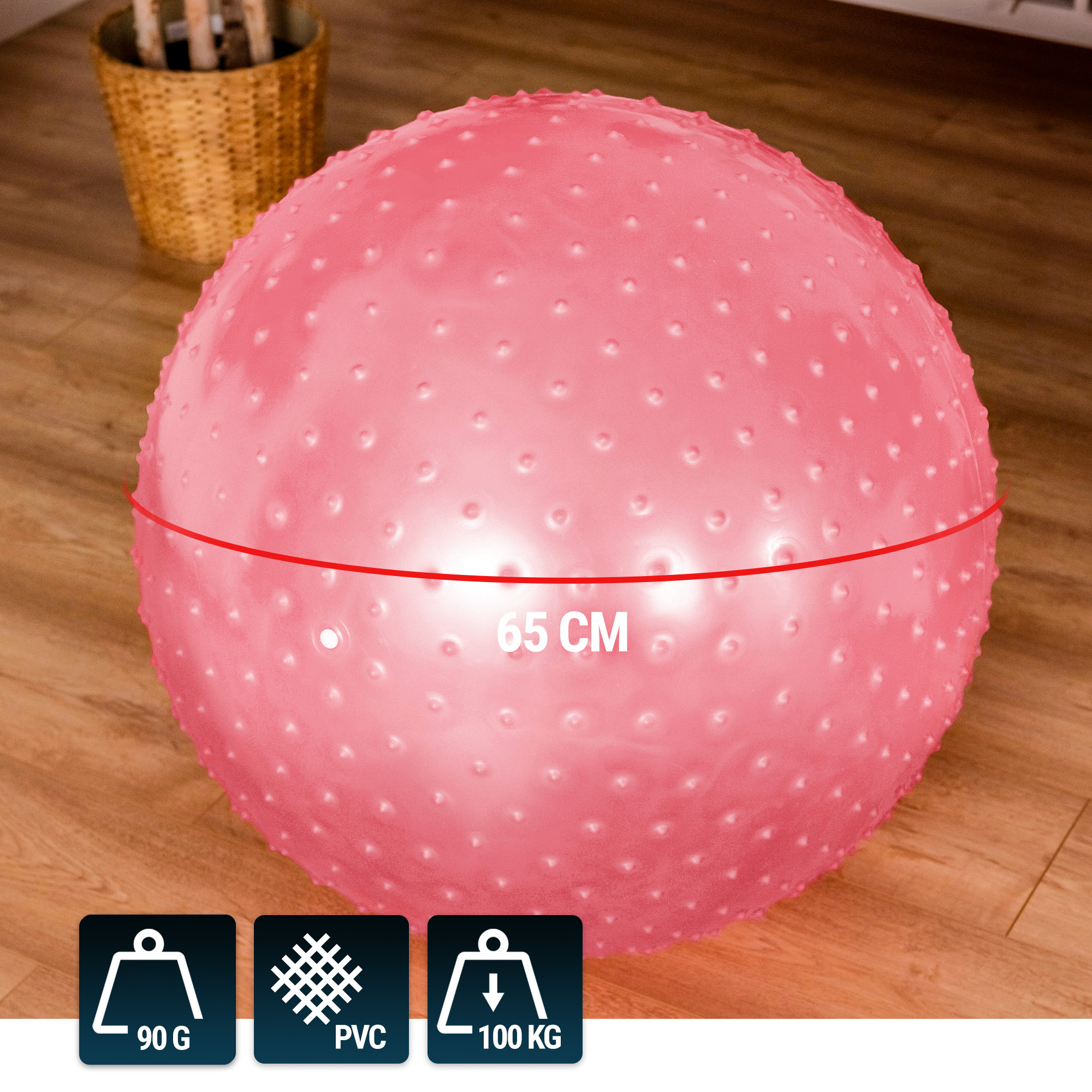 Palla ginnica rosa del marchio Hop-Sport con diametro di 65cm e resistenza di 100kg