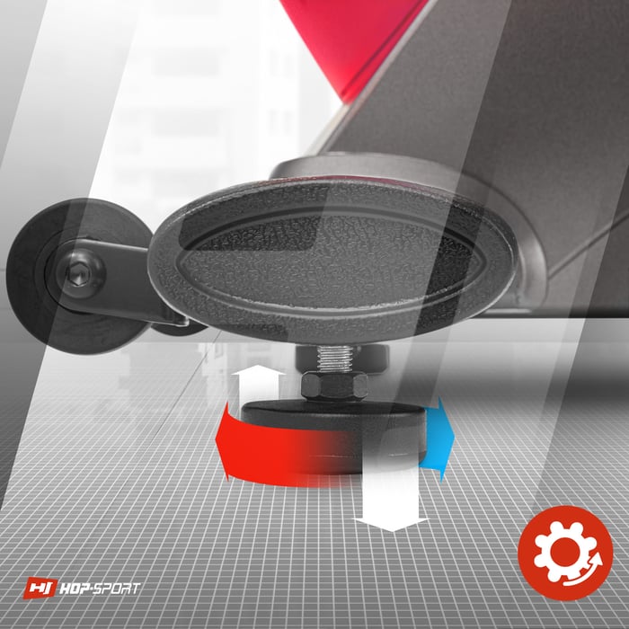 Bicicletta reclinata Hop-Sport HS-070L Helix rossa dotata di piedini stabilizzatori che livellano il terreno irregolare