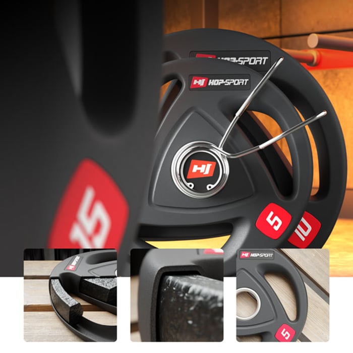 Dettaglio dei pesi olimpici del marchio Hop-sport 