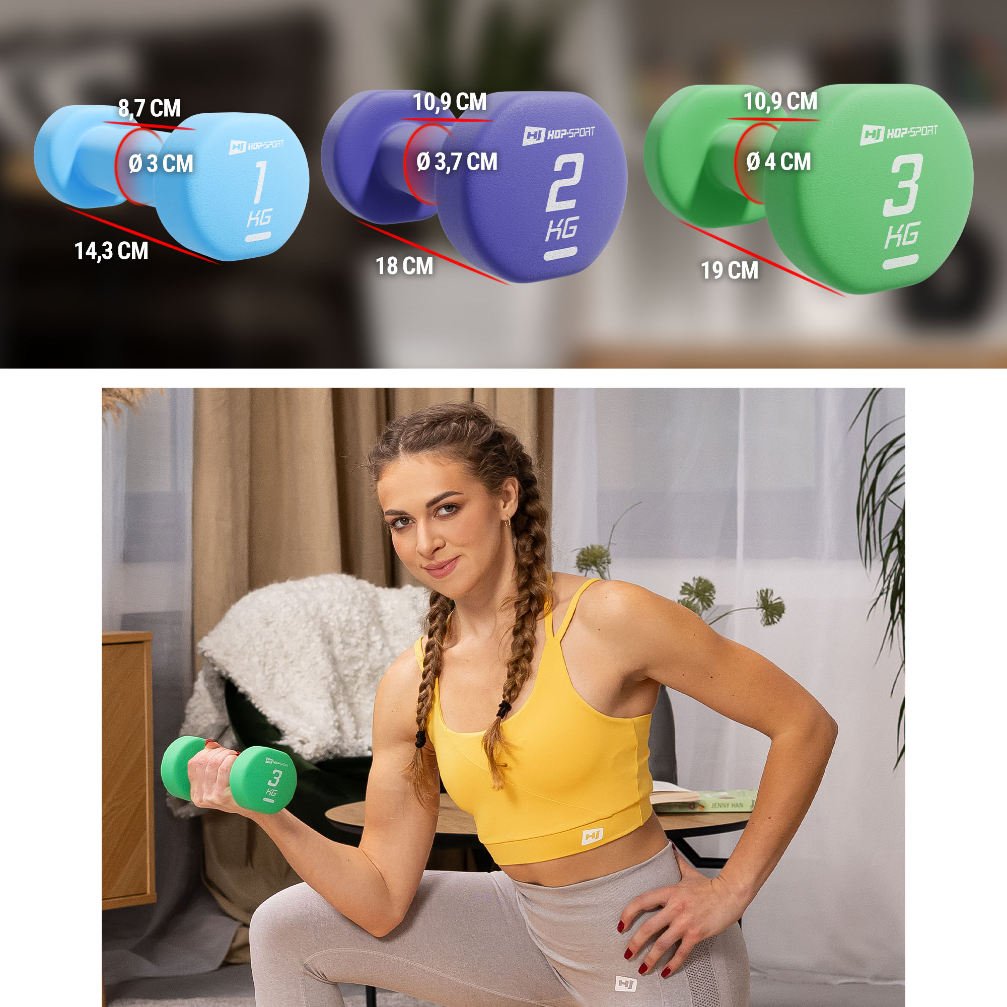 Grafica mostra le dimensioni applicate ai manubri colorati sul supporto