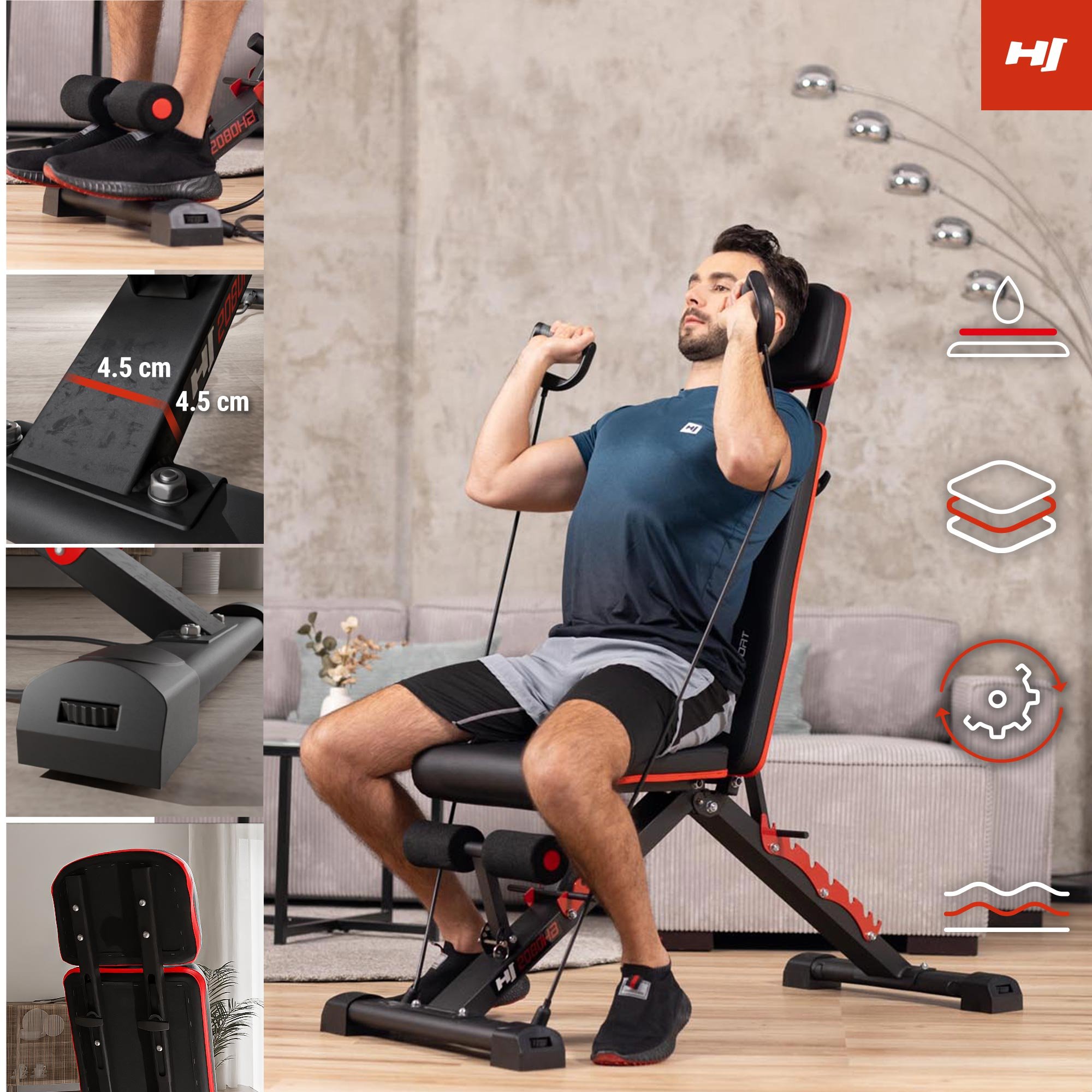 Vantaggi della panca 2080HB schiuma protettiva, profilo largo e resistente, piedini con possibilità di livellamento, schienale regolabile