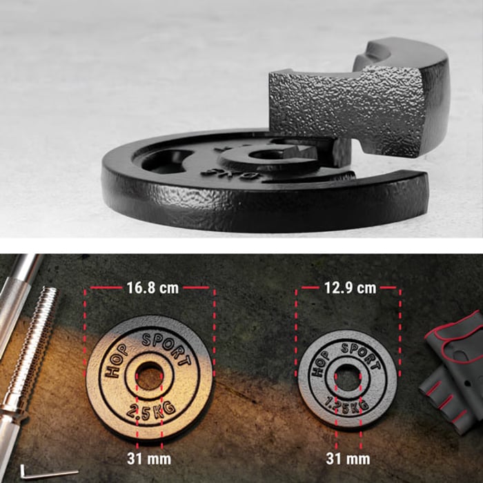 Primo piano sui pesi in ghisa e dimensioni del set di manubri con bilanciere estensibile 2x15kg del marchio hop-sport