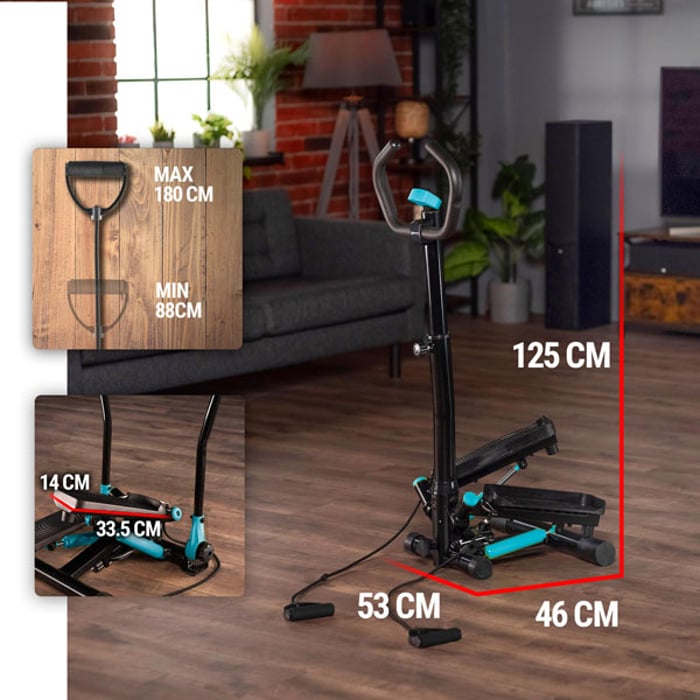 Stepper HS-055S Noble blu adatto anche a piccoli appartamenti e monolocali. Dopo l'allenamento puoi posizionare l'attrezzo dietro l'armadio o svitare la colonna e infilarlo sotto il letto