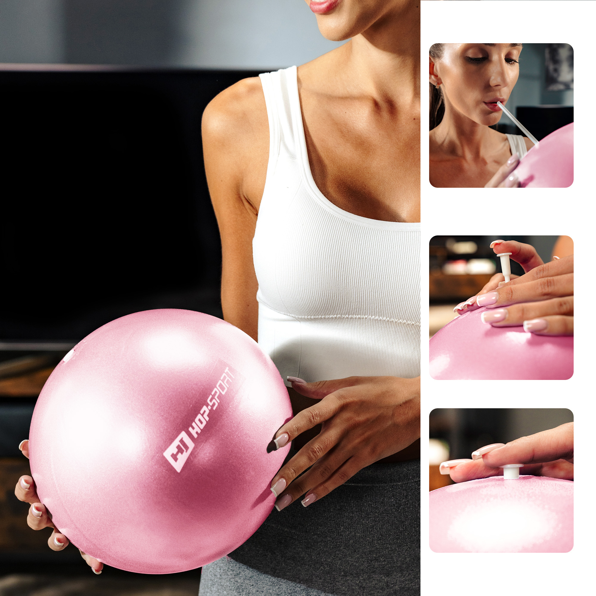 Palla rosa da pilates Hop-Sport con tubo per gonfiaggio