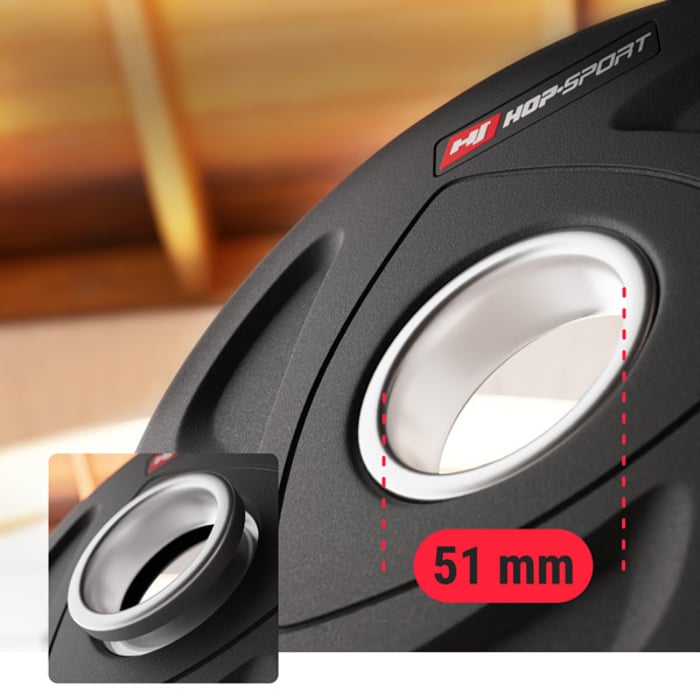 Primo piano dell'anello in acciaio inossidabile nel peso olimpico del marchio Hop-sport 