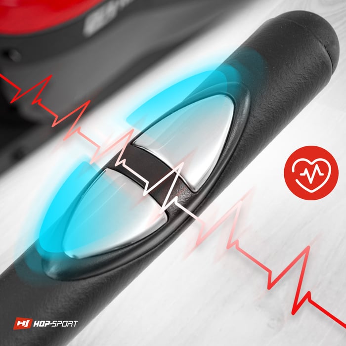 Cyclette orizzontale HS-060L Pulse rossa dotata di sensori di pulsazioni sui manubri vicino al sedile