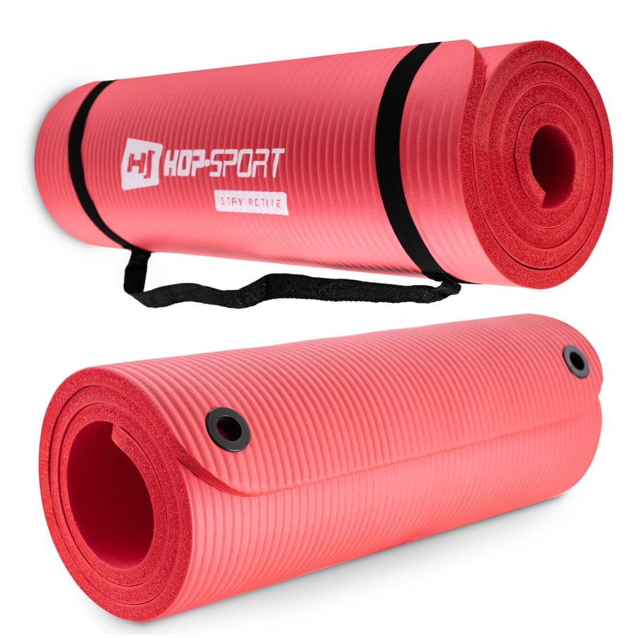 Tapettino per fitness, yoga o pilates, con cinghia di trasporto ed antiscivolo. NBR 1,5cm con fori rosso