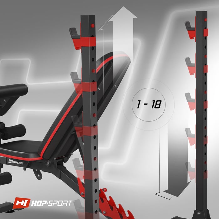 Primo piano sui supporti per bilanciere nella panca da allenamento HS-1095 del marchio Hop-sport