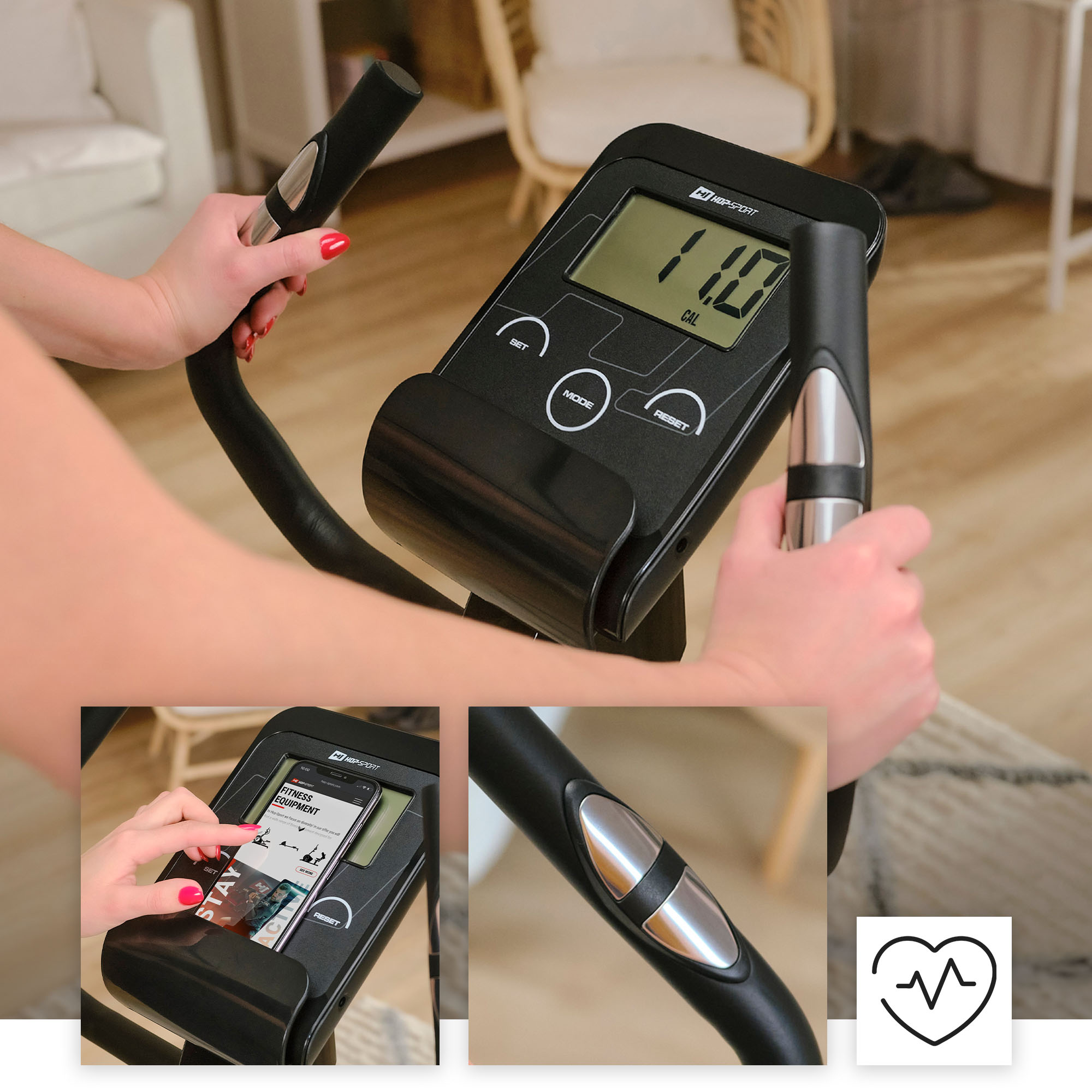 sensori di pulsazioni posizionati sul manubrio e computer con supporto mobile nella cyclette Aveo bianca