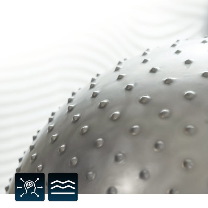 dettaglio dei rilievi della palla da ginnastica argento con rilievi di 65cm di diametro del marchio Hop-Sport