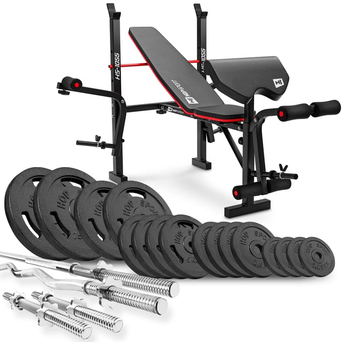 Contenuto del set con pesi in ghisa da 106kg e panca da allenamento HS-1055 marca Hop-sport