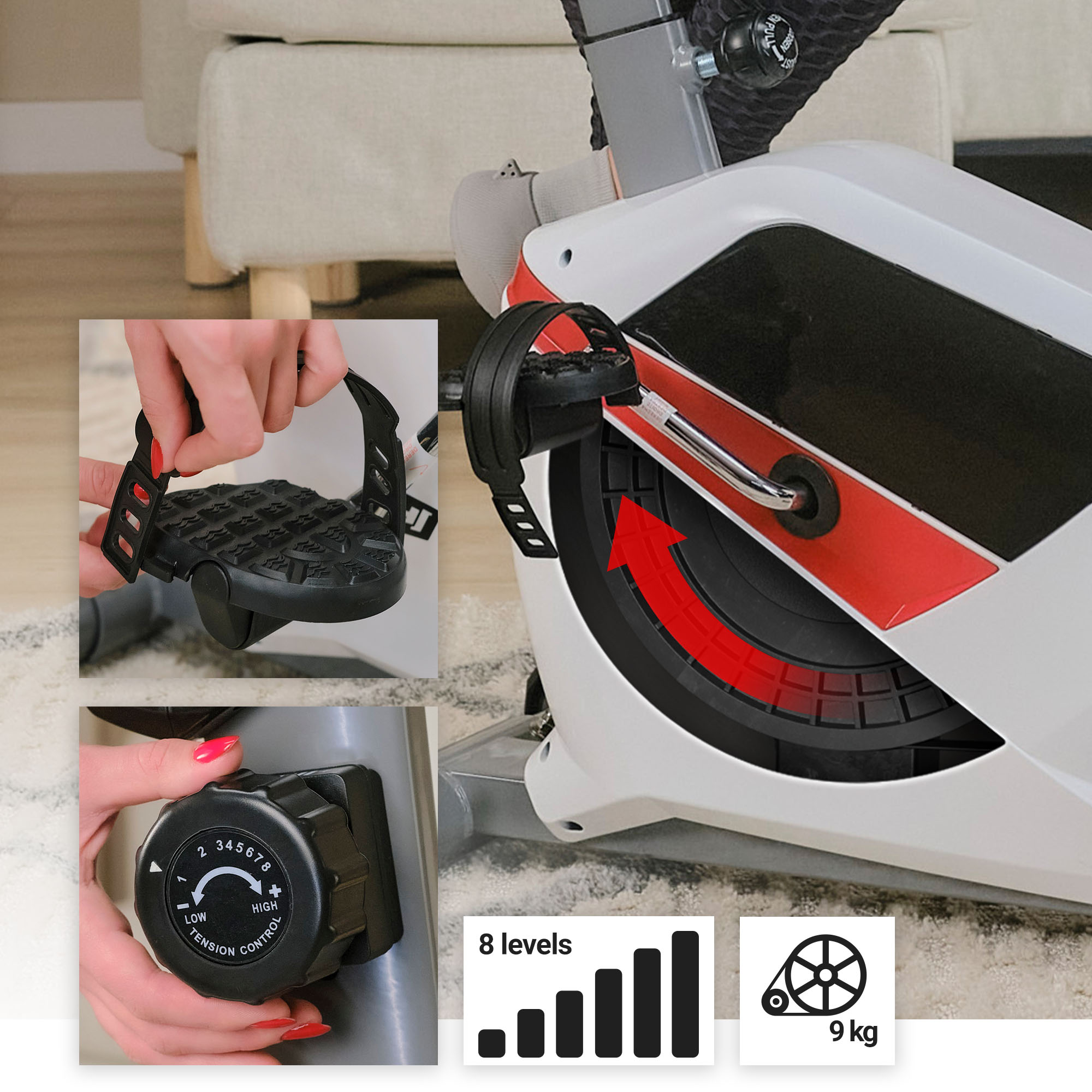 regolazione della forza di resistenza magnetica e regolazione dei cinturini dei pedali nella cyclette Aveo bianca