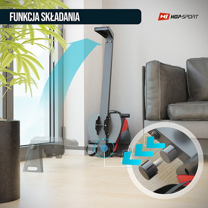 Vogatore da allenamento HS-030R Boost rosso dotato di rulli per facilitare lo spostamento e il trasporto