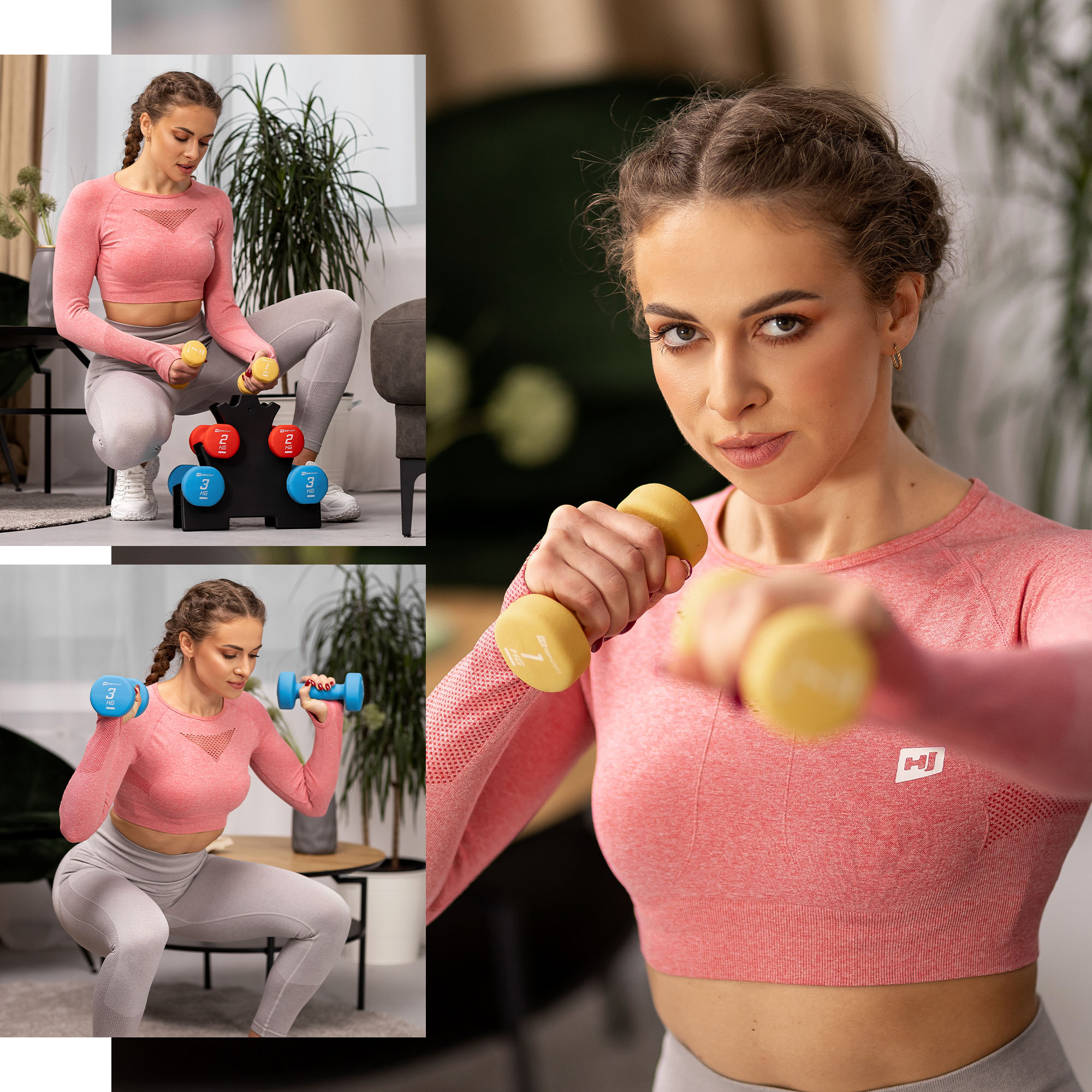 Donna che si allena con manubri del marchio Hop-Sport