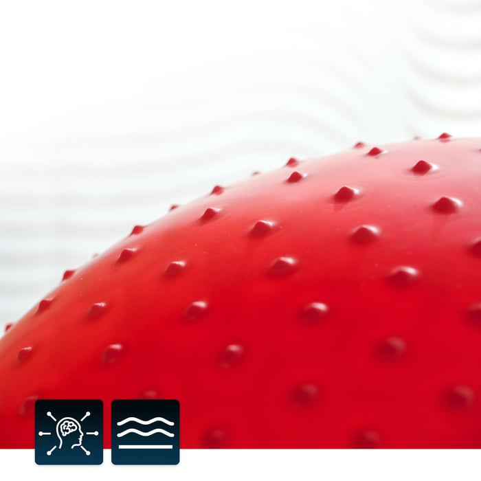dettaglio delle punte della palla da ginnastica rossa con punte con un diametro di 65 cm del marchio Hop-Sport
