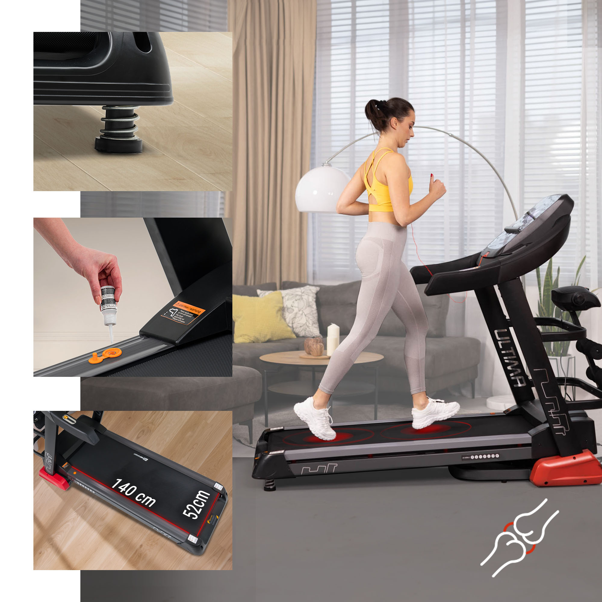 HS-4000LB è dotato di 4 ammortizzatori su entrambi i lati del tapis roulant, nastro da corsa 52x140cm e sistema di manutenzione del nastro