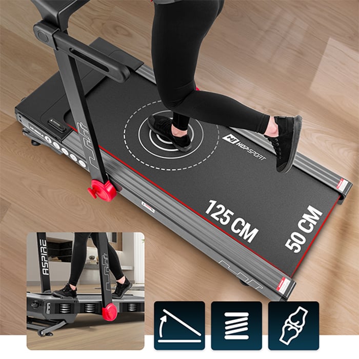 Tapis roulant HS-2500LB Aspire dotato di ampio nastro da corsa, sistema di ammortizzazione e possibilità di inclinazione del nastro.