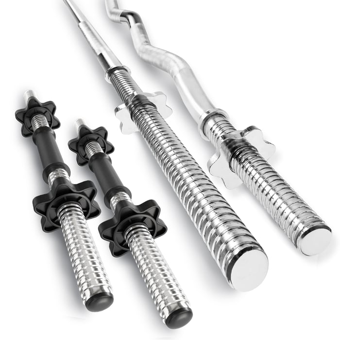 Presentato bilanciere dritto, leggermente curvo e due bilancieri corti per manubri marca Hop-sport