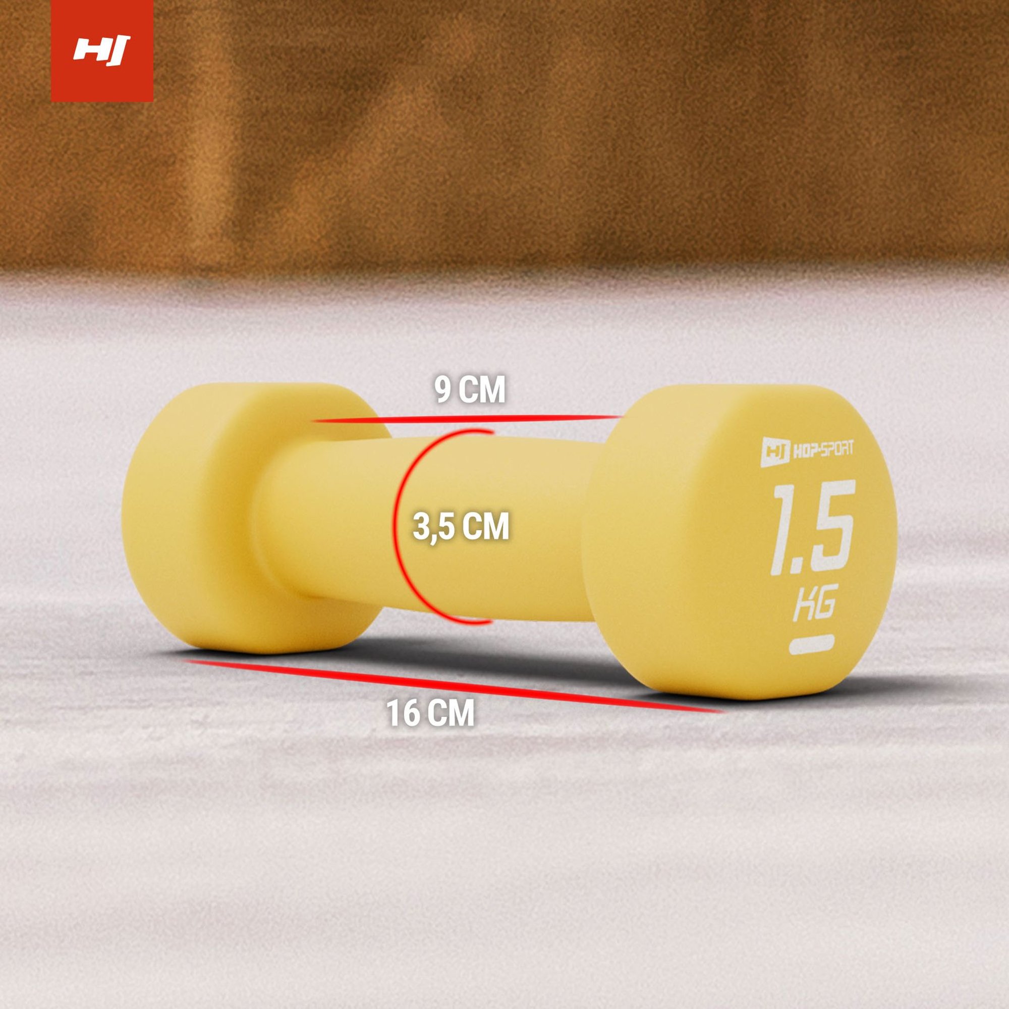 Dimensioni dei manubri in vinile 2x1.5kg gialli marca Hop-Sport