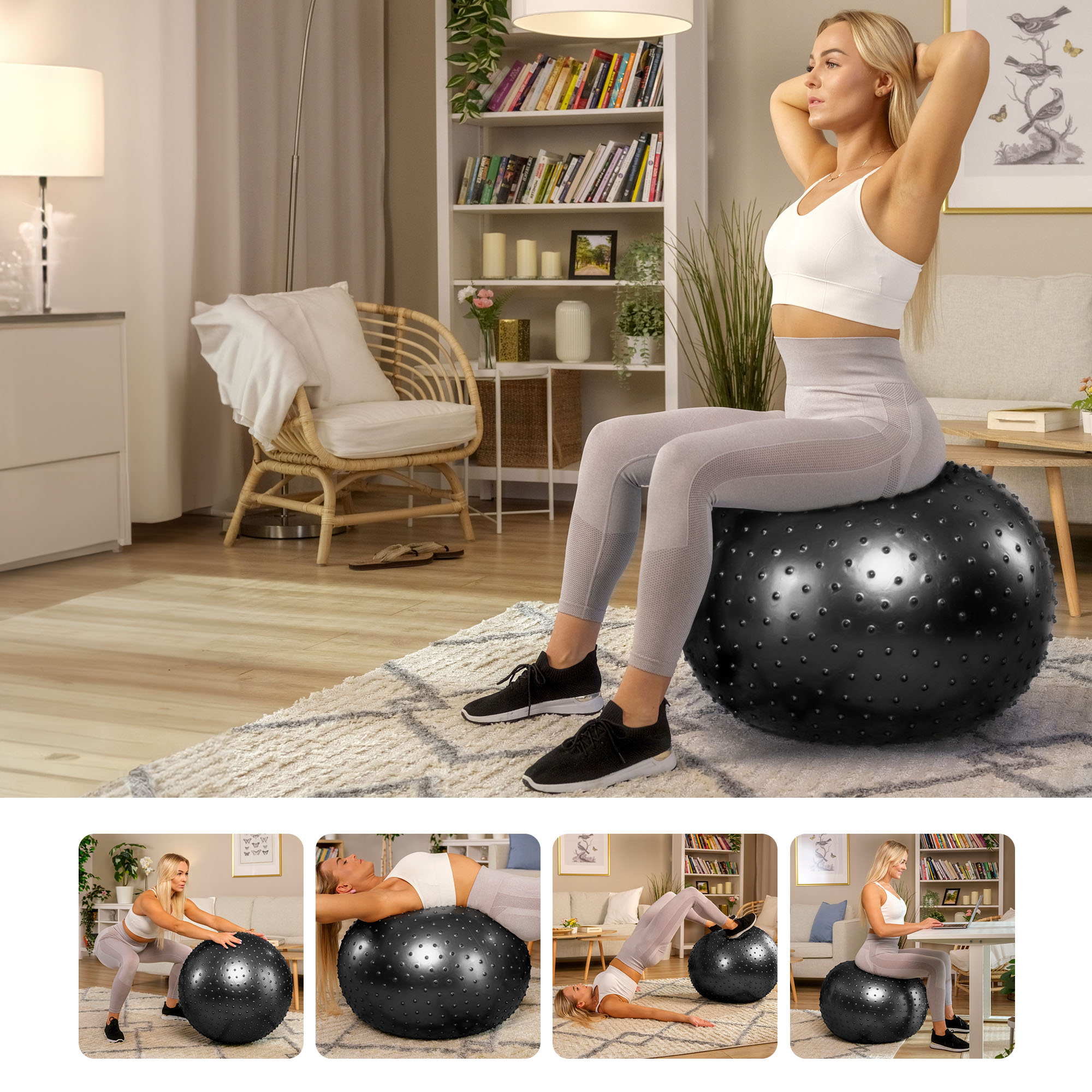 Donna esegue vari tipi di esercizi su una palla nera con rilievi del marchio Hop-Sport