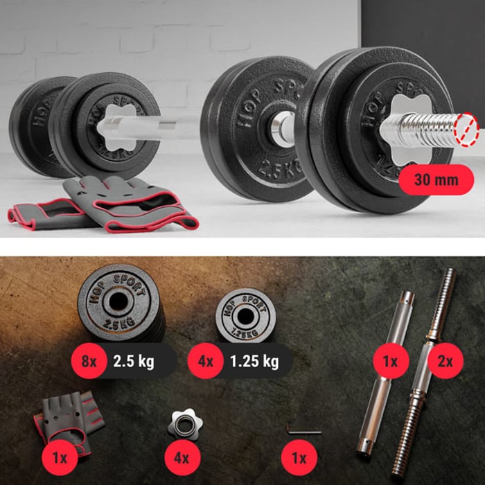 Contenuto del set di manubri con bilanciere estensibile 2x15kg del marchio Hop-sport