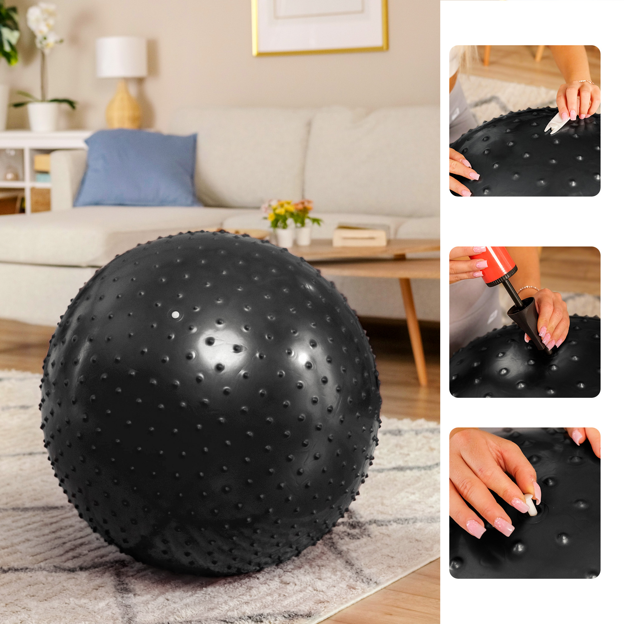 Pompa inclusa nel set per la palla ginnica nera con rilievi Hop-Sport