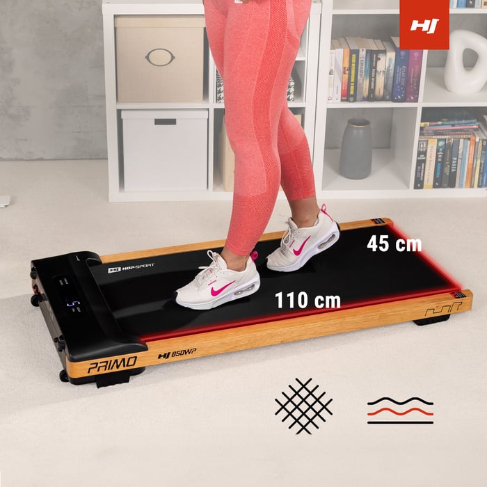 Il nastro da corsa nel tapis roulant HS Primo con dimensioni di 45x110 cm offre uno spazio ottimale per l'esercizio