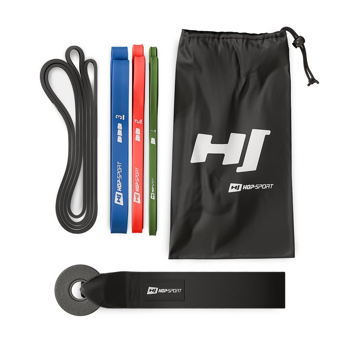 Set di 4 bande elastiche tipo power-band con ancoraggio per porta e sacchetto per la conservazione