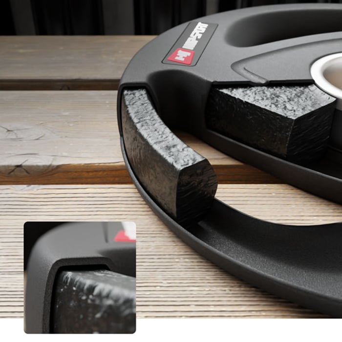 Primo piano sulla sezione del peso olimpionico del marchio Hop-sport 