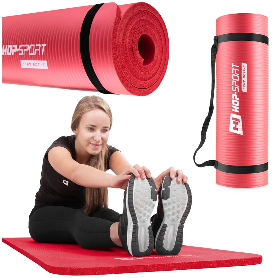 Tapettino per fitness, yoga o pilates, con cinghia di trasporto ed antiscivolo. NBR 1,5cm rosso