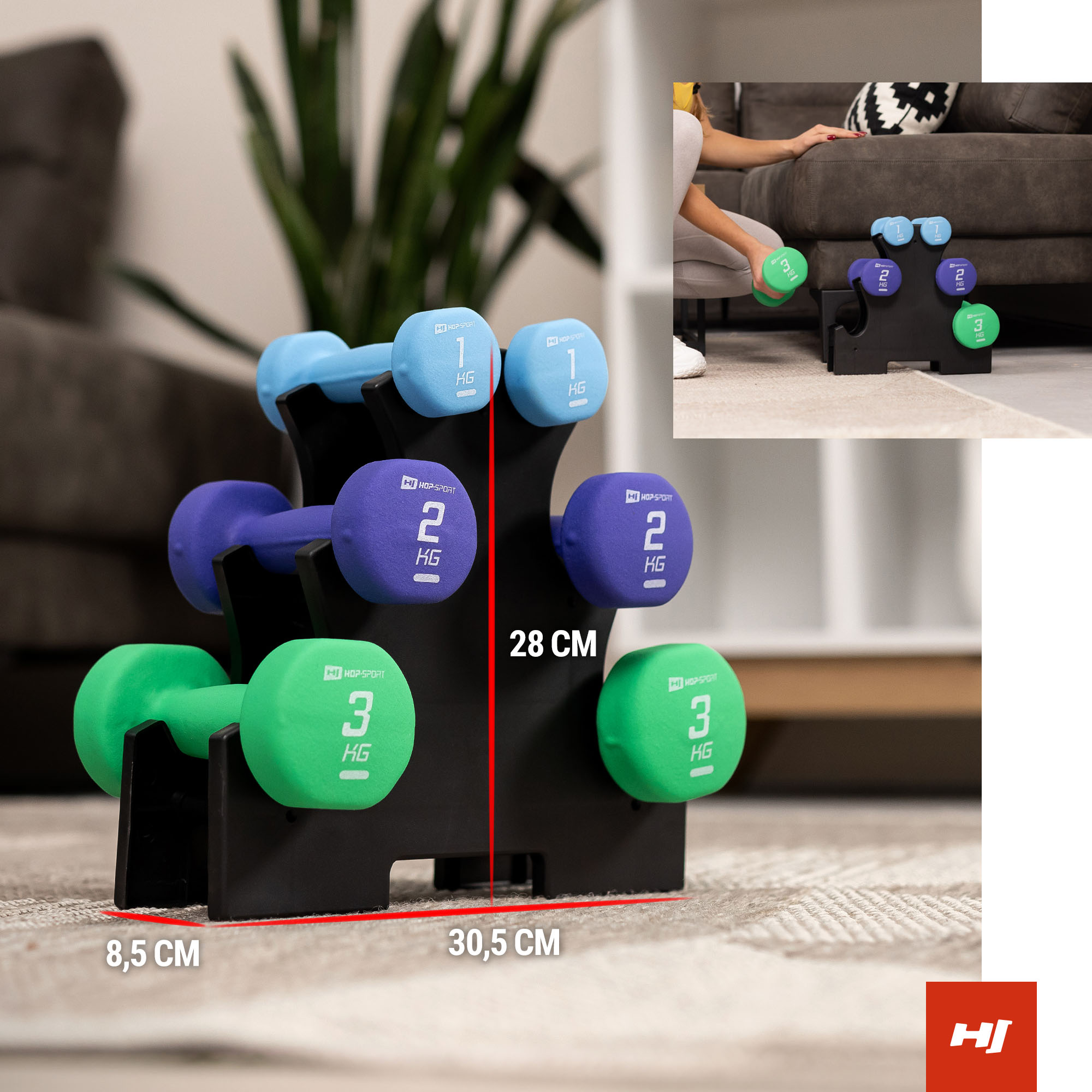 Dimensioni del supporto per manubri colorati mostrati nella grafica