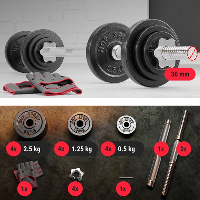 Contenuto del set di manubri con bilanciere estensibile 2x10kg del marchio Hop-sport