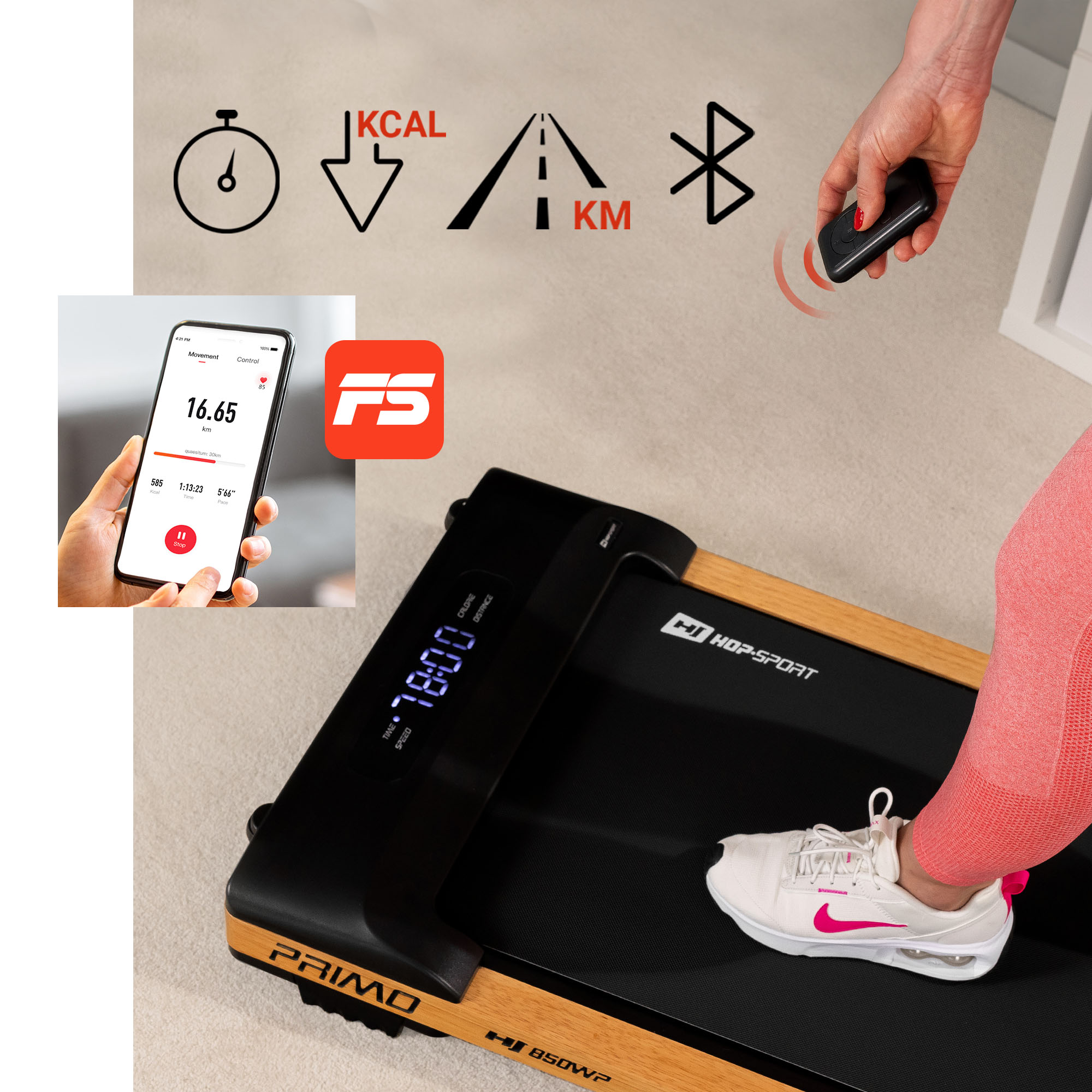 Il display LCD ad alto contrasto monitora parametri come tempo, distanza, calorie bruciate e velocità nel tapis roulant Primo