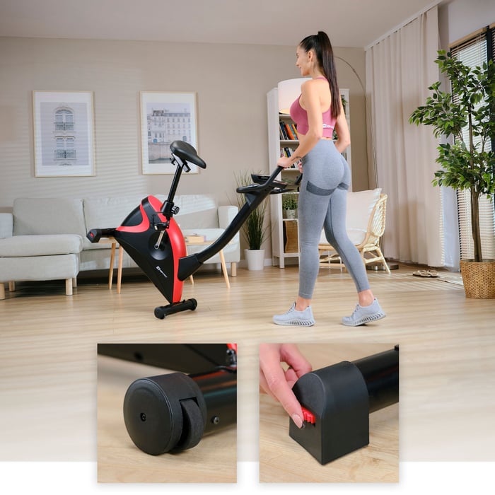 Bicicletta stazionaria HS-005H Host rossa con piedini di livellamento e ruote di trasporto