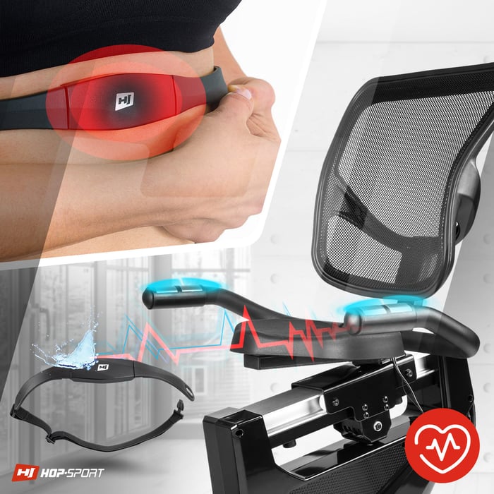 Bicicletta reclinata Hop-Sport HS-070L Helix rossa con possibilità di misurazione del polso tramite sensori o fascia telemetrica