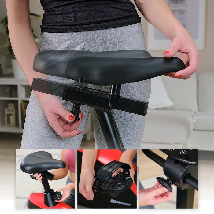 Bicicletta stazionaria HS-005H Host rossa con regolazione verticale e orizzontale del sellino, regolazione del manubrio e delle cinghie dei pedali