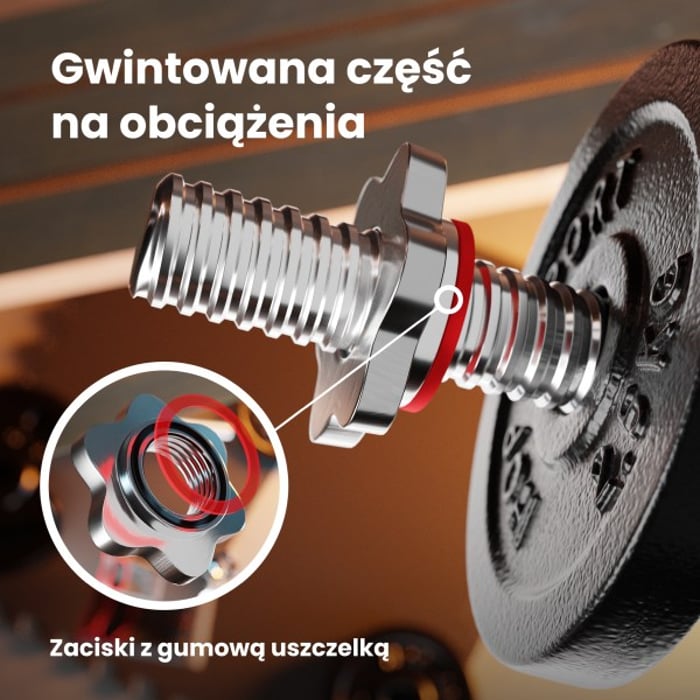 Primo piano sulla parte filettata per i pesi e il dado nel bilanciere in acciaio cromato del marchio Hop-sport