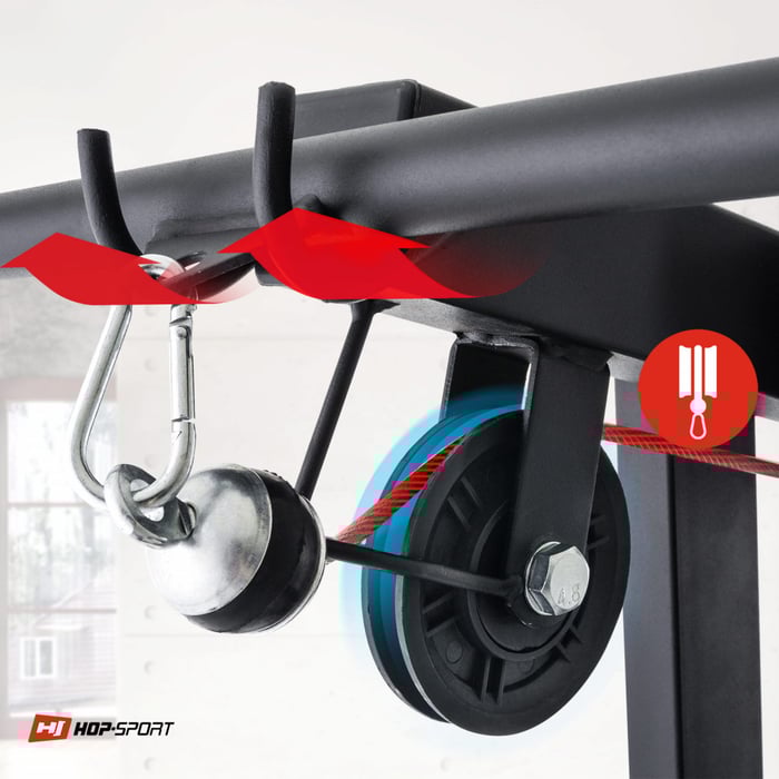 dettaglio del sistema di cavi e pulegge nell'atlante monostazione del marchio Hop-Sport