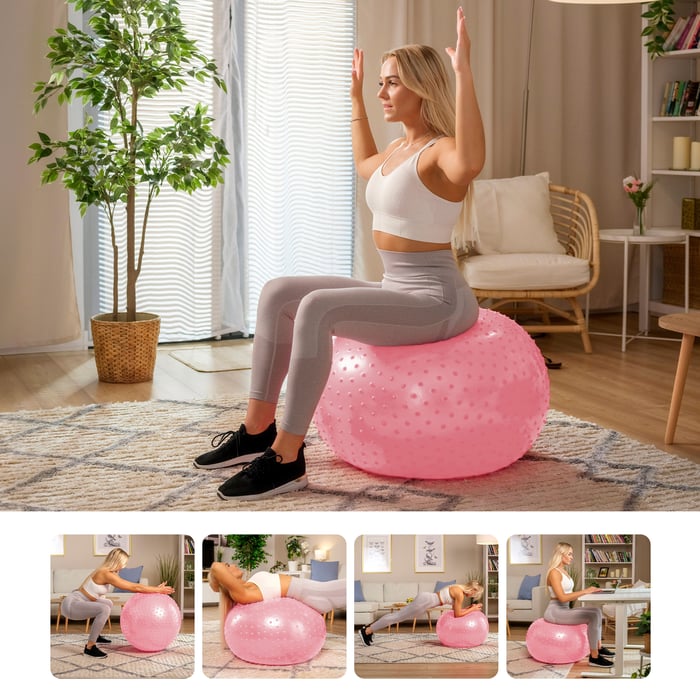 Donna esegue vari esercizi con l'aiuto della palla con rilievi rosa 65cm del marchio Hop-Sport