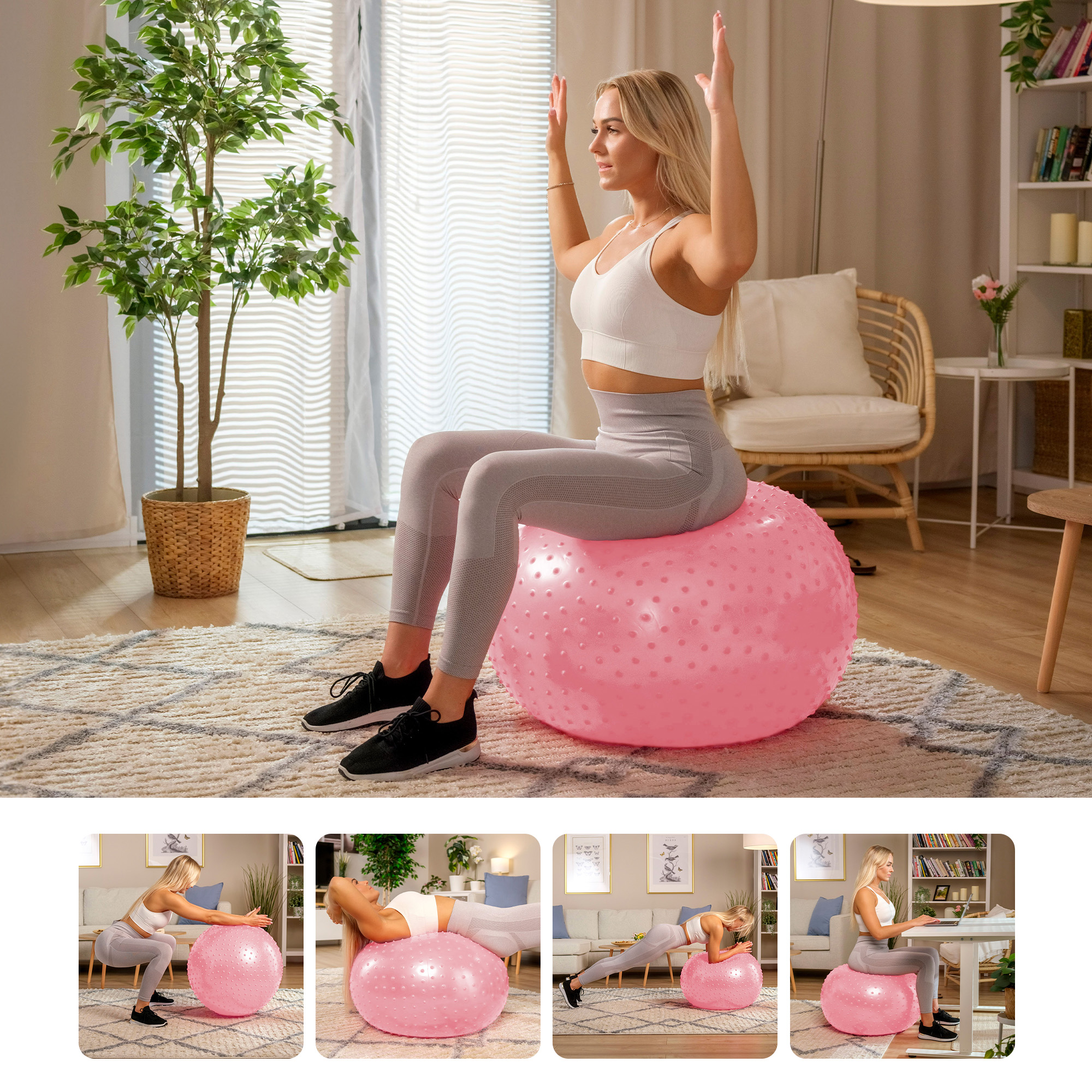 Donna esegue vari esercizi con l'aiuto della palla con rilievi rosa 65cm del marchio Hop-Sport