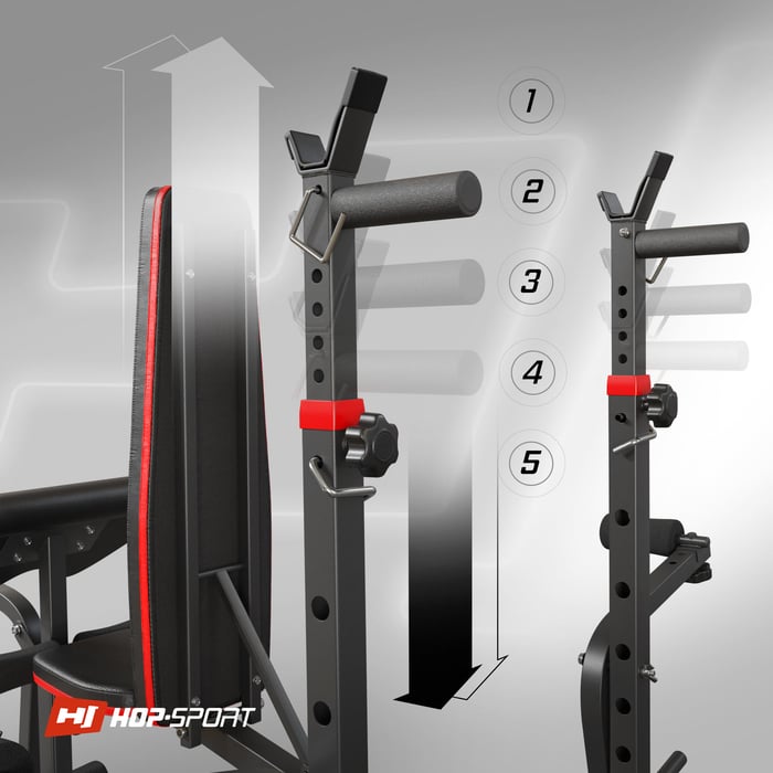 Primo piano dei supporti per bilanciere sulla panca da allenamento HS-1065 del marchio Hop-sport