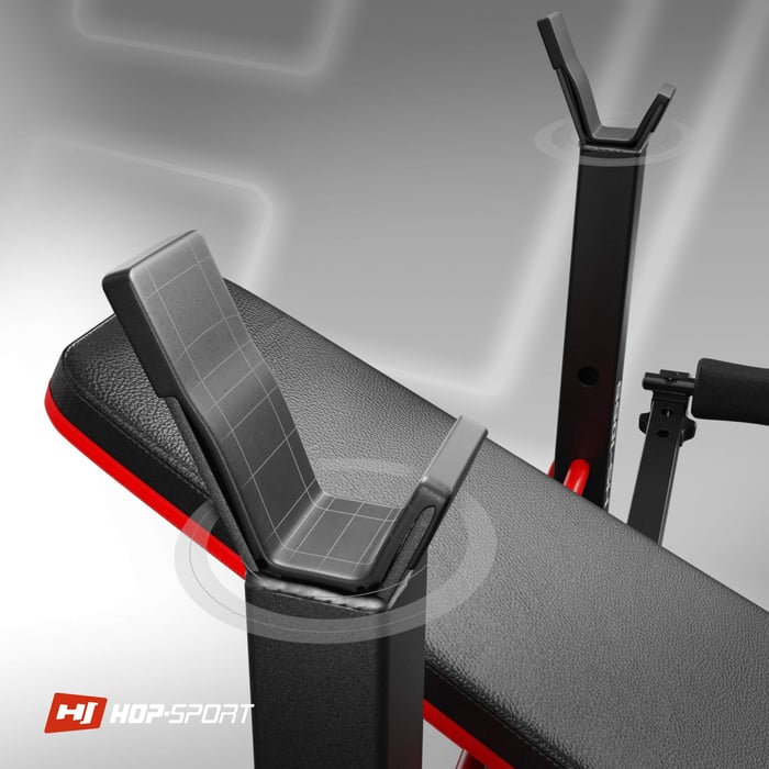 Primo piano dei supporti per bilanciere sulla panca da allenamento HS-1055 del marchio Hop-sport