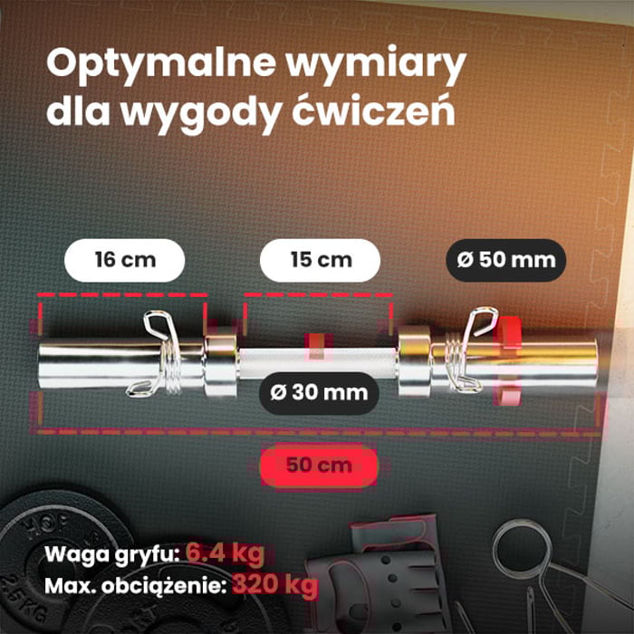 Dimensioni del bilanciere olimpico 50 cm in acciaio cromato del marchio Hop-sport con diametro di 50 mm