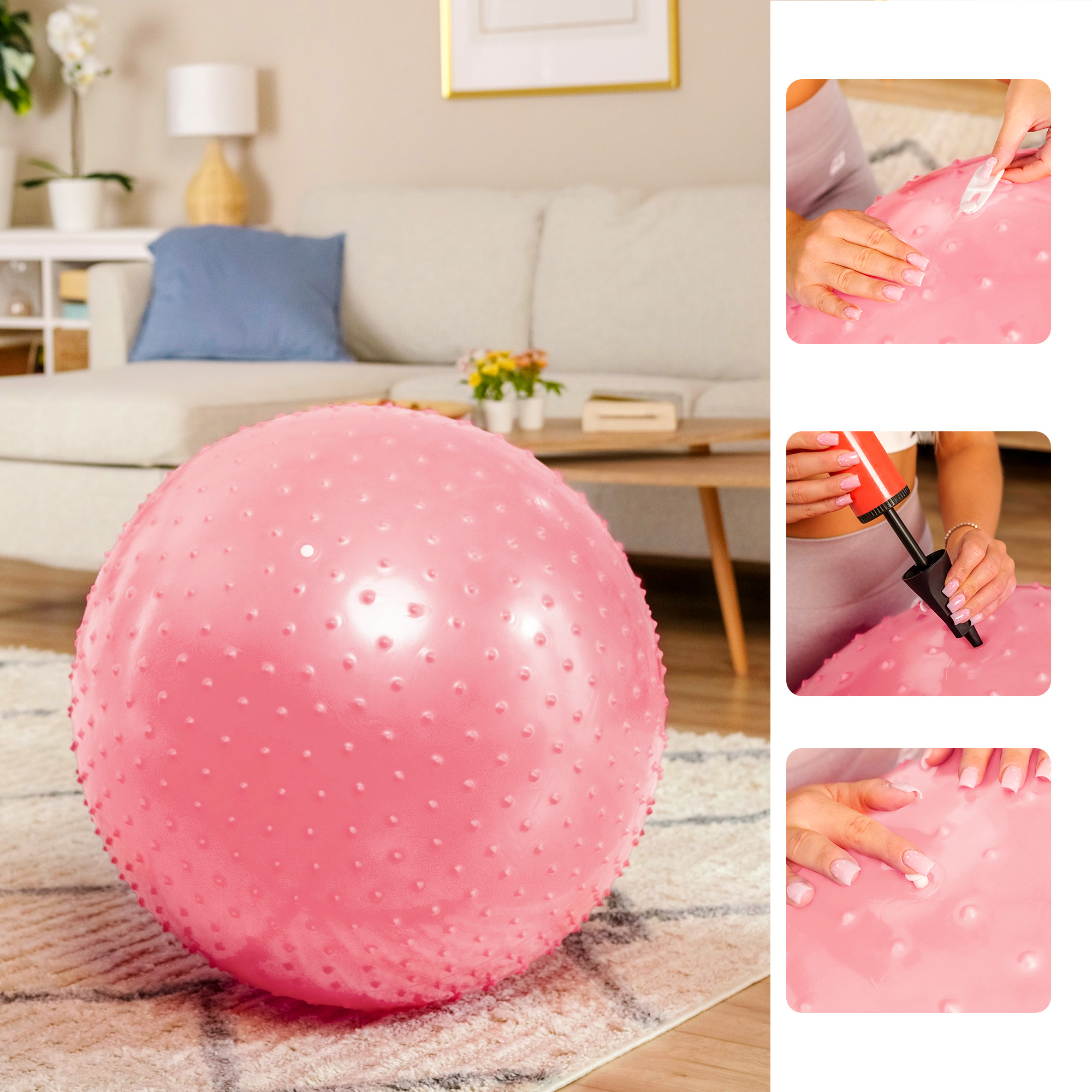 Pompa inclusa nel set della palla ginnica con rilievi del marchio Hop-Sport in colore rosa